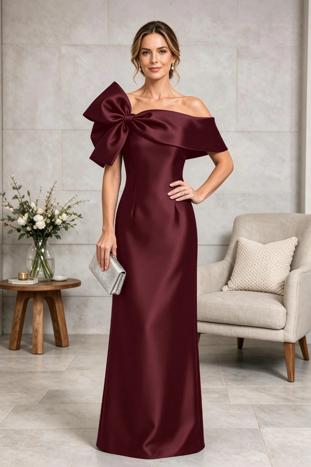 Navy Side-Bow Off-Shoulder Satin Mother of the Bride Gown