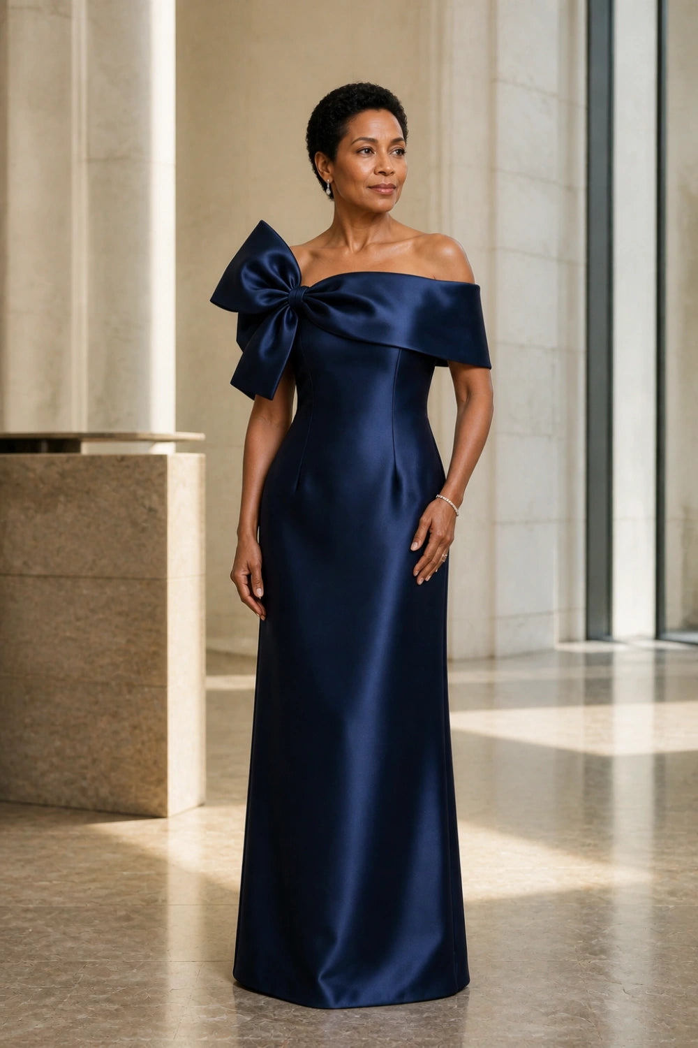 Navy Side-Bow Off-Shoulder Satin Mother of the Bride Gown