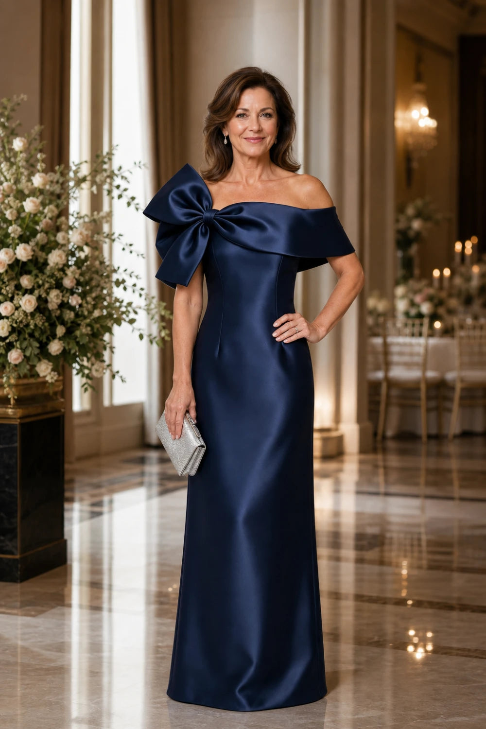 Navy Side-Bow Off-Shoulder Satin Mother of the Bride Gown