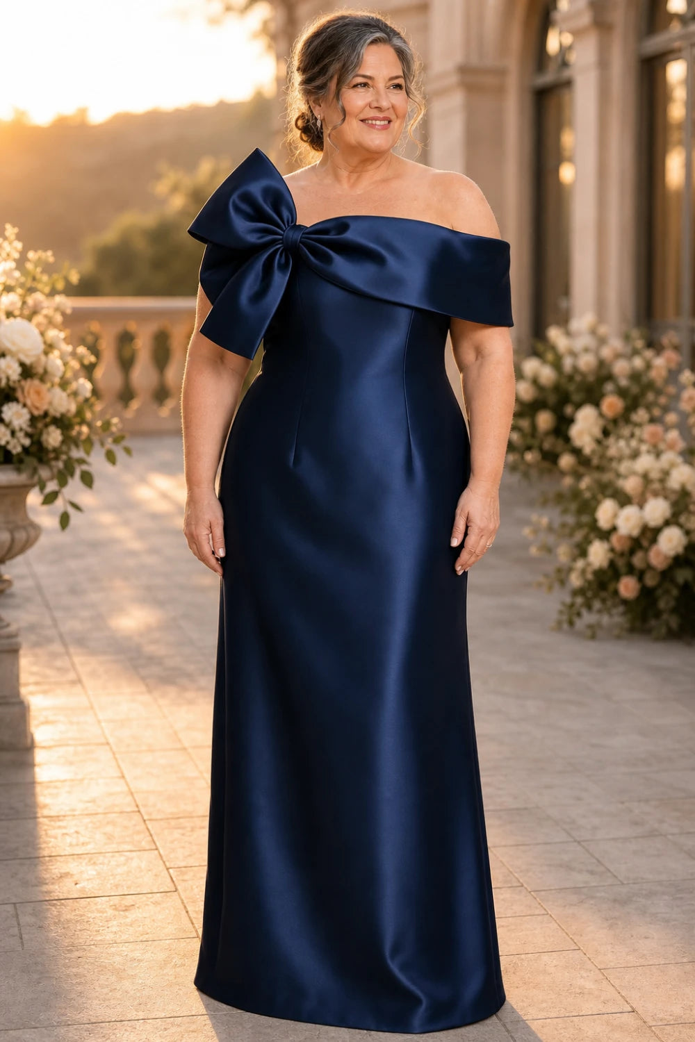 Navy Side-Bow Off-Shoulder Satin Mother of the Bride Gown