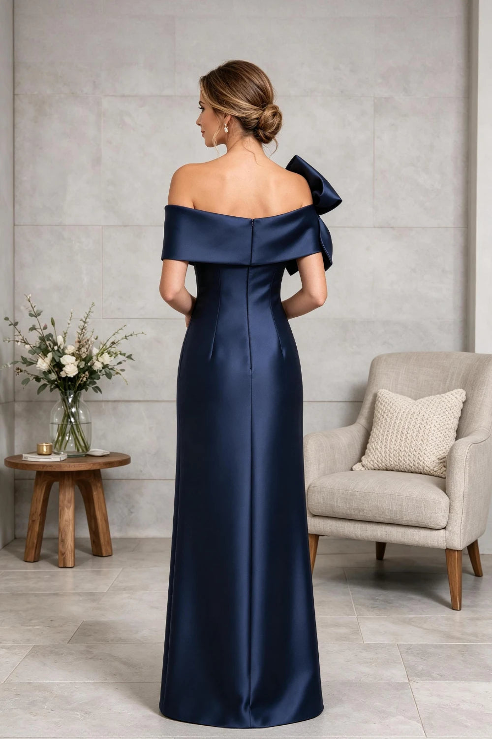 Navy Side-Bow Off-Shoulder Satin Mother of the Bride Gown