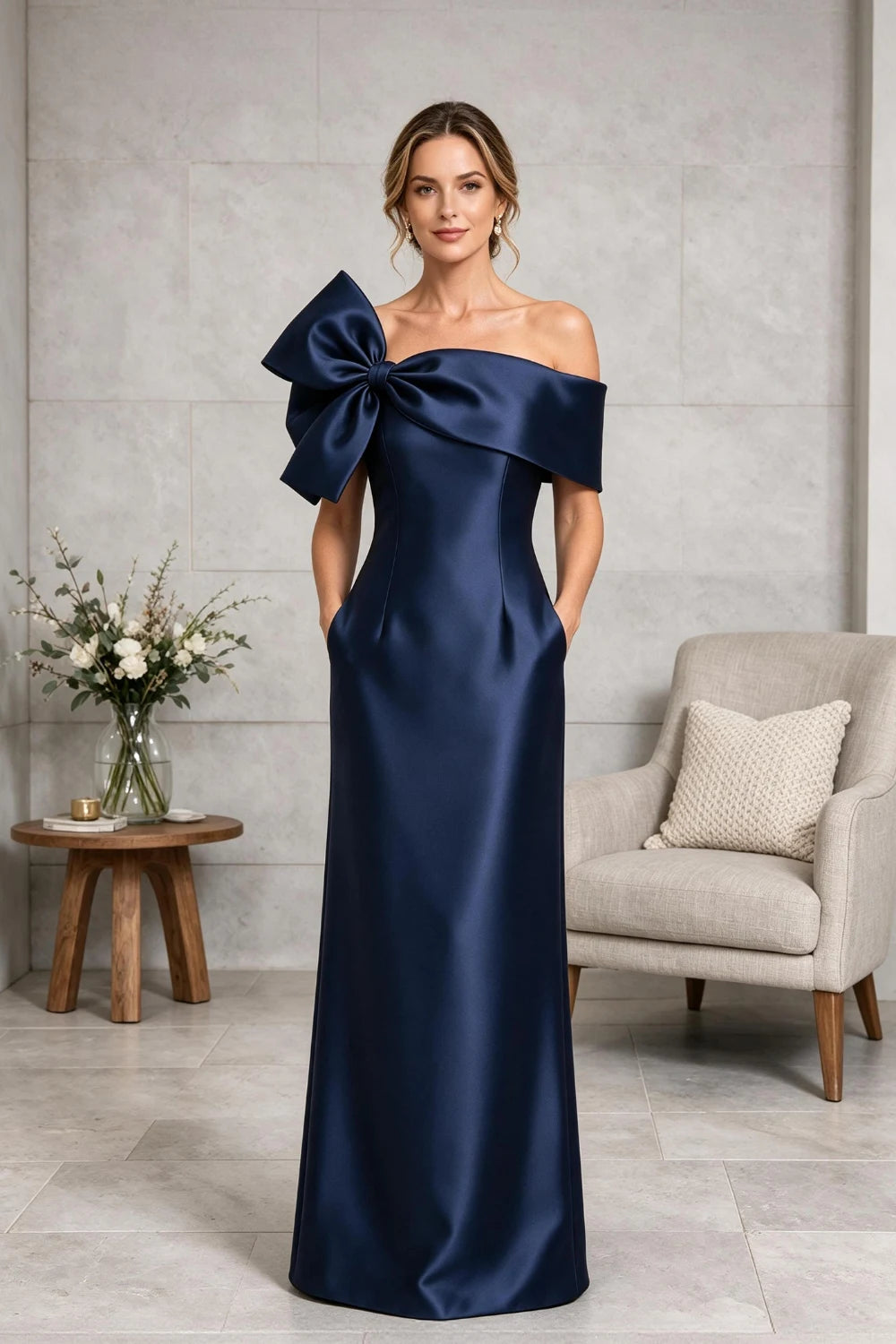 Navy Side-Bow Off-Shoulder Satin Mother of the Bride Gown