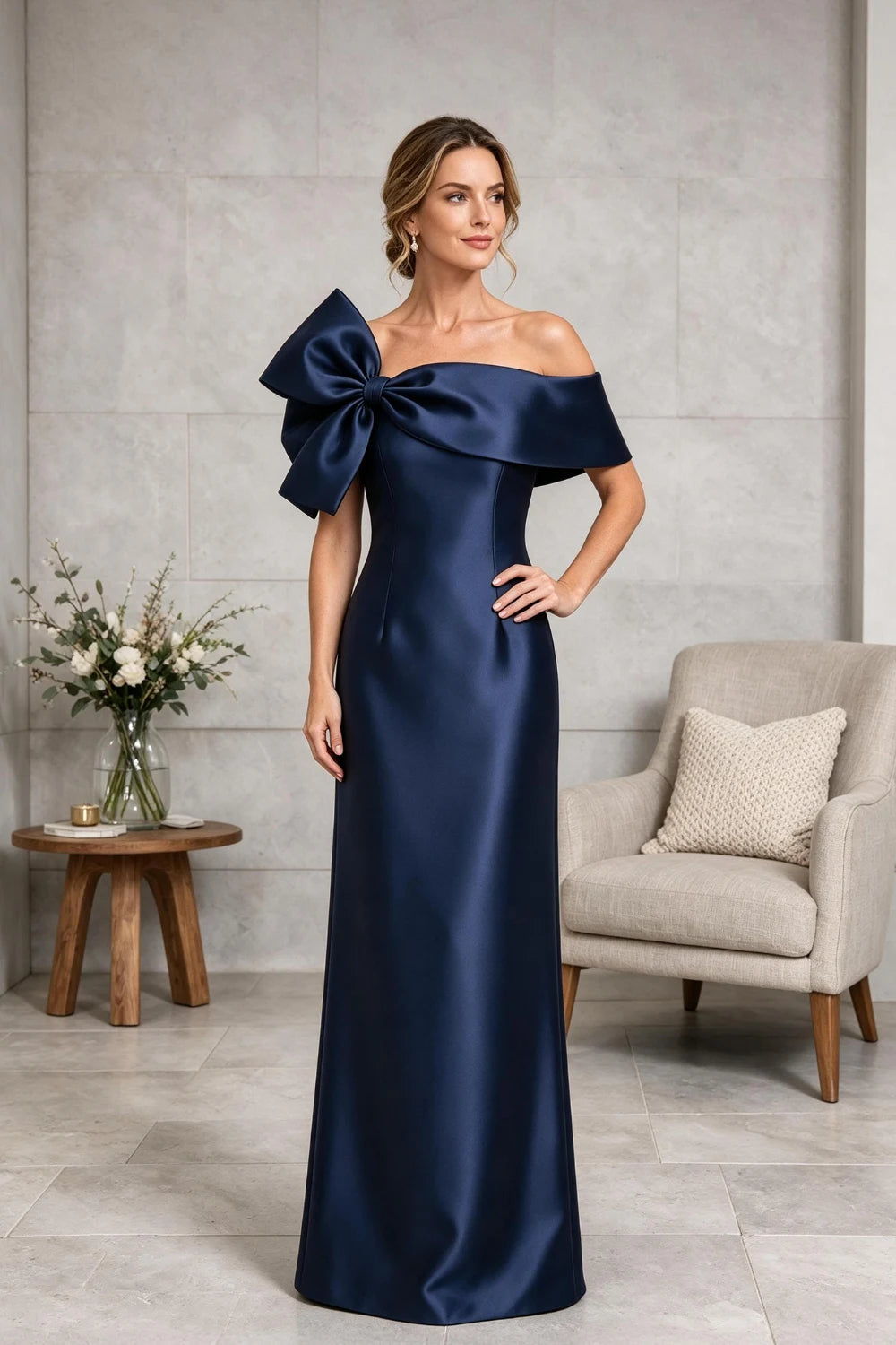 Navy Side-Bow Off-Shoulder Satin Mother of the Bride Gown