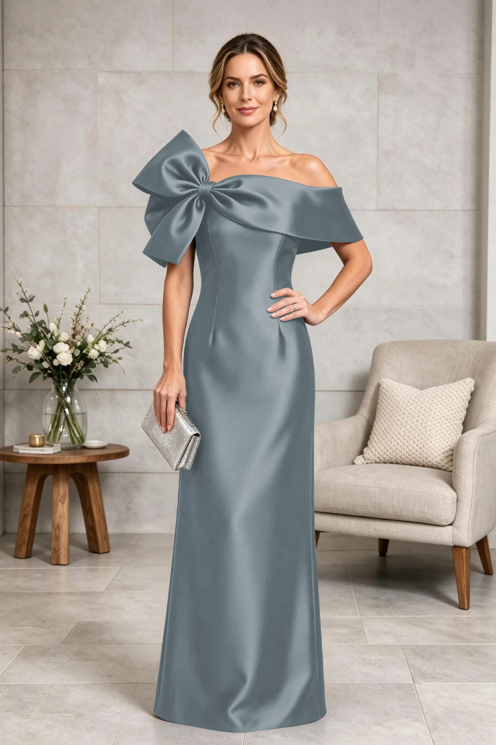 Navy Side-Bow Off-Shoulder Satin Mother of the Bride Gown