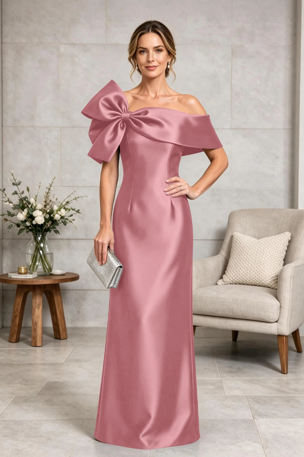 Navy Side-Bow Off-Shoulder Satin Mother of the Bride Gown
