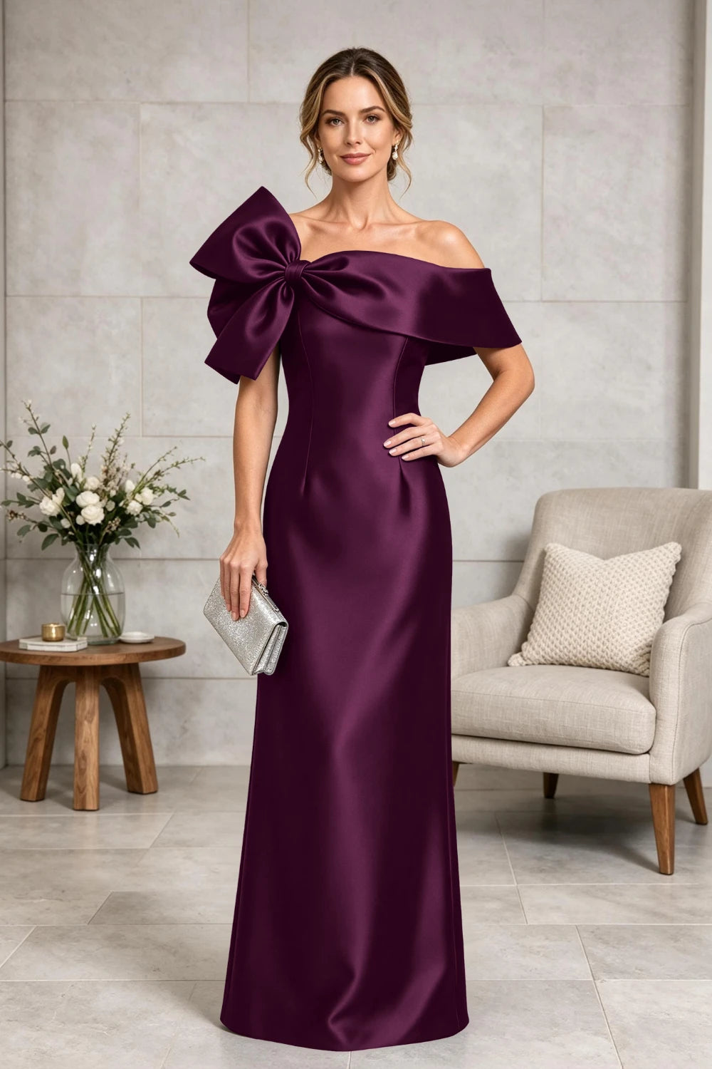 Navy Side-Bow Off-Shoulder Satin Mother of the Bride Gown