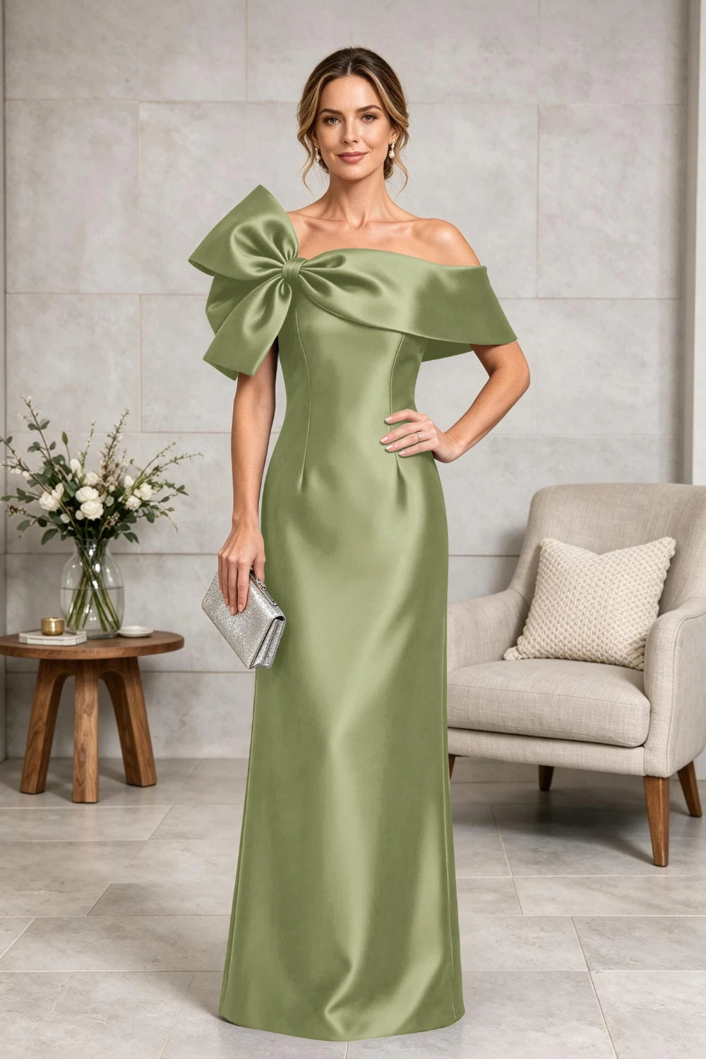 Navy Side-Bow Off-Shoulder Satin Mother of the Bride Gown
