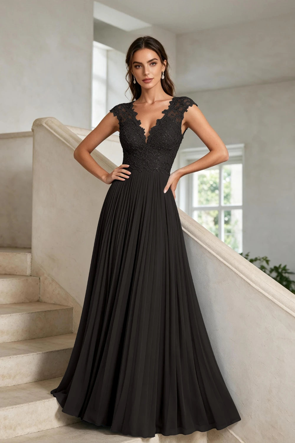 Dusty Blue Lace-Bodice Pleated Chiffon Mother of the Bride Gown