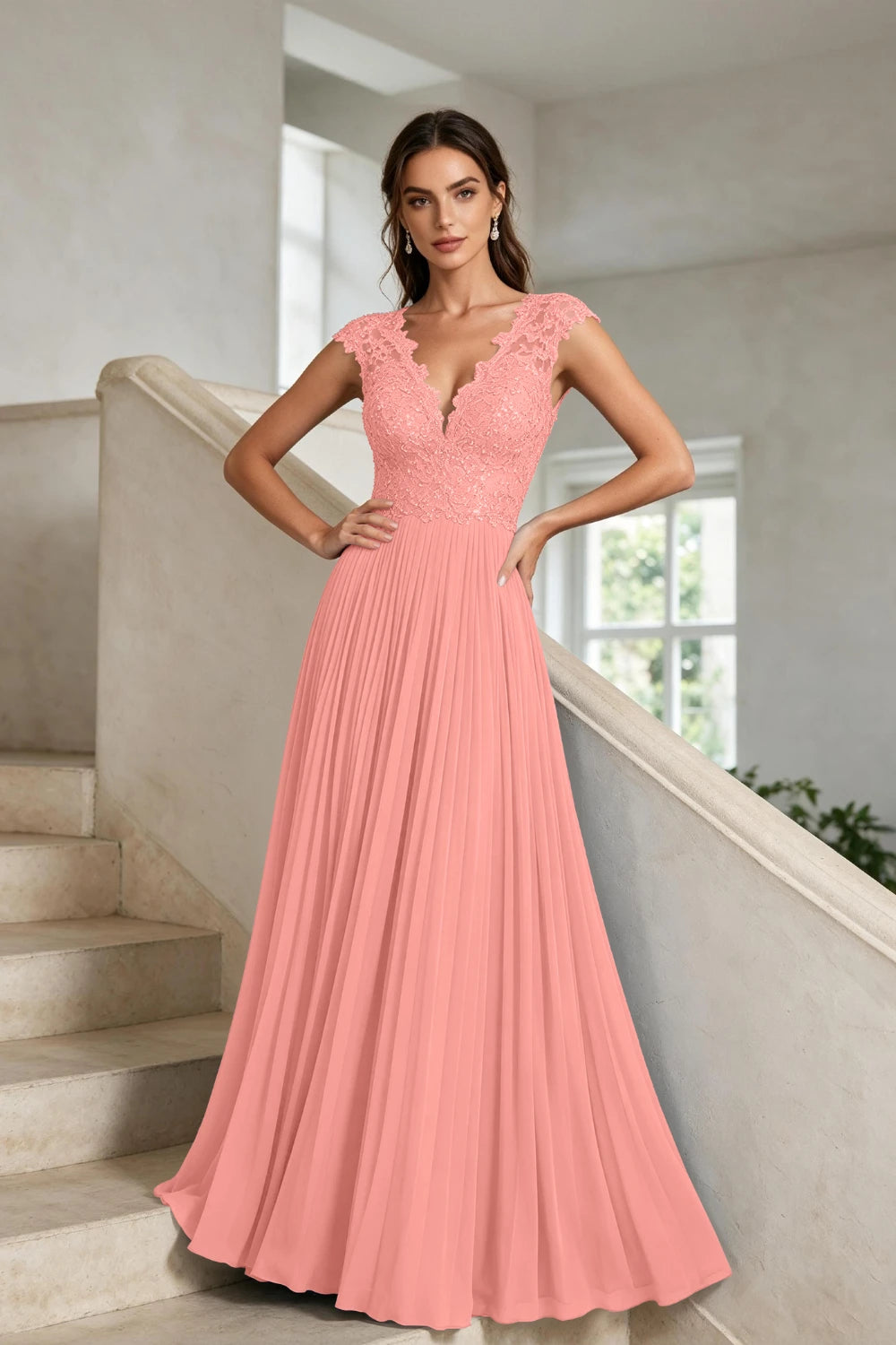 Dusty Blue Lace-Bodice Pleated Chiffon Mother of the Bride Gown