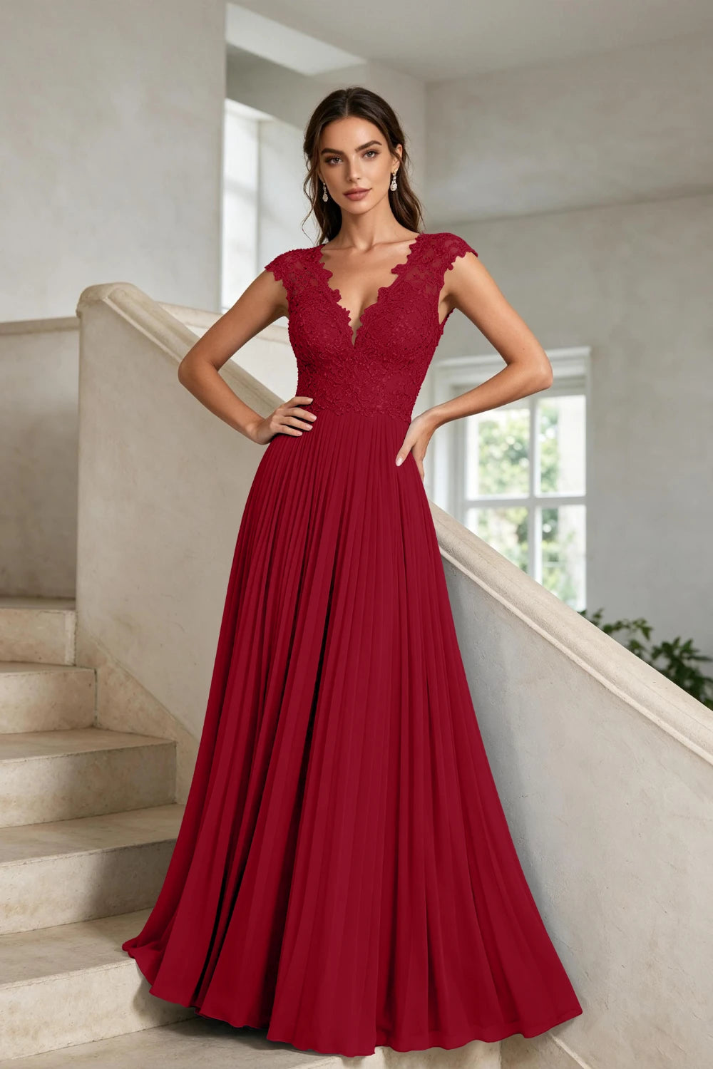 Dusty Blue Lace-Bodice Pleated Chiffon Mother of the Bride Gown
