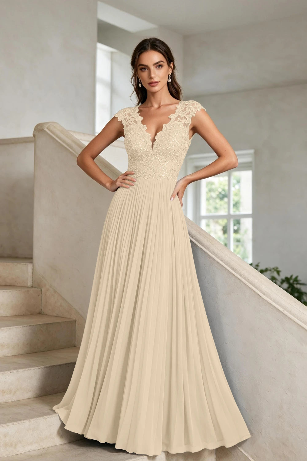 Dusty Blue Lace-Bodice Pleated Chiffon Mother of the Bride Gown