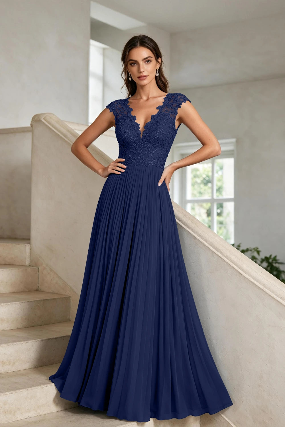 Dusty Blue Lace-Bodice Pleated Chiffon Mother of the Bride Gown