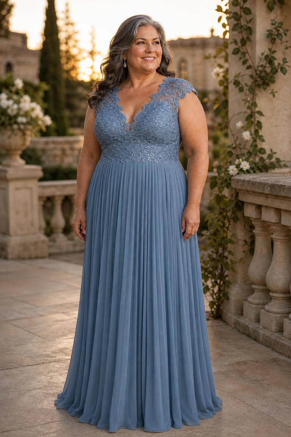 Dusty Blue Lace-Bodice Pleated Chiffon Mother of the Bride Gown
