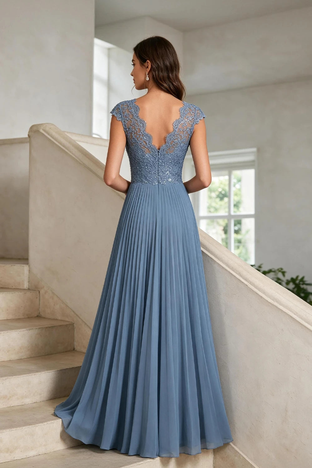 Dusty Blue Lace-Bodice Pleated Chiffon Mother of the Bride Gown