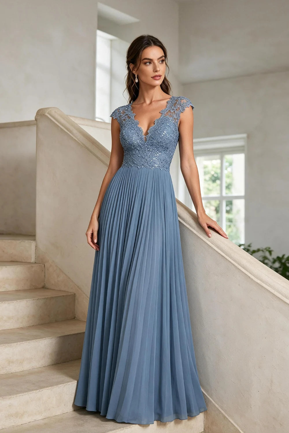Dusty Blue Lace-Bodice Pleated Chiffon Mother of the Bride Gown