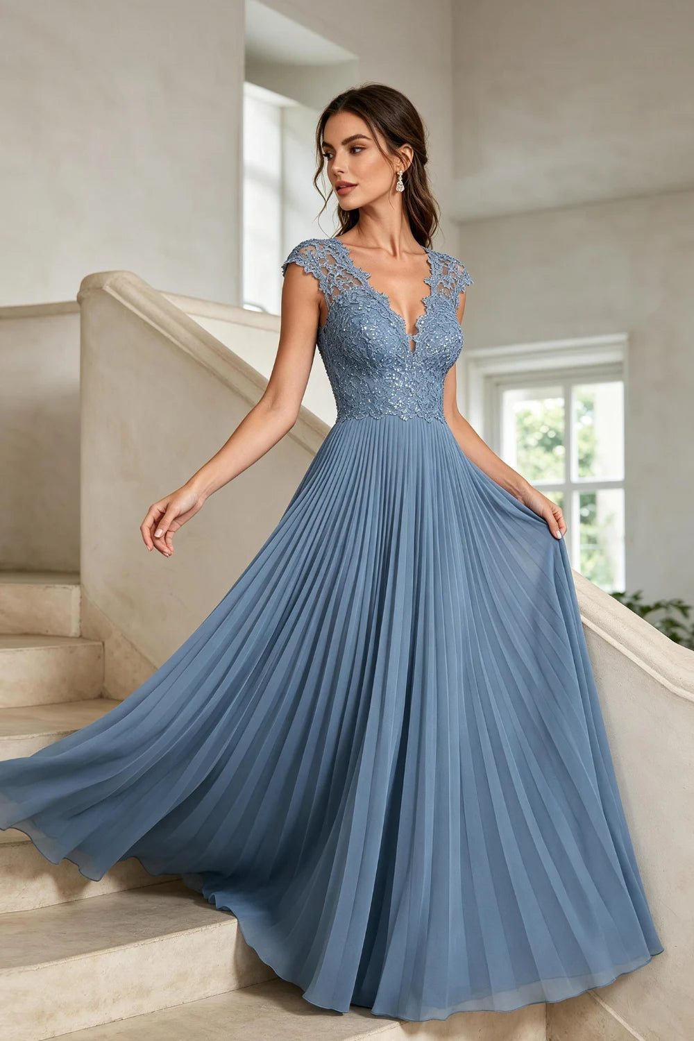 Dusty Blue Lace-Bodice Pleated Chiffon Mother of the Bride Gown