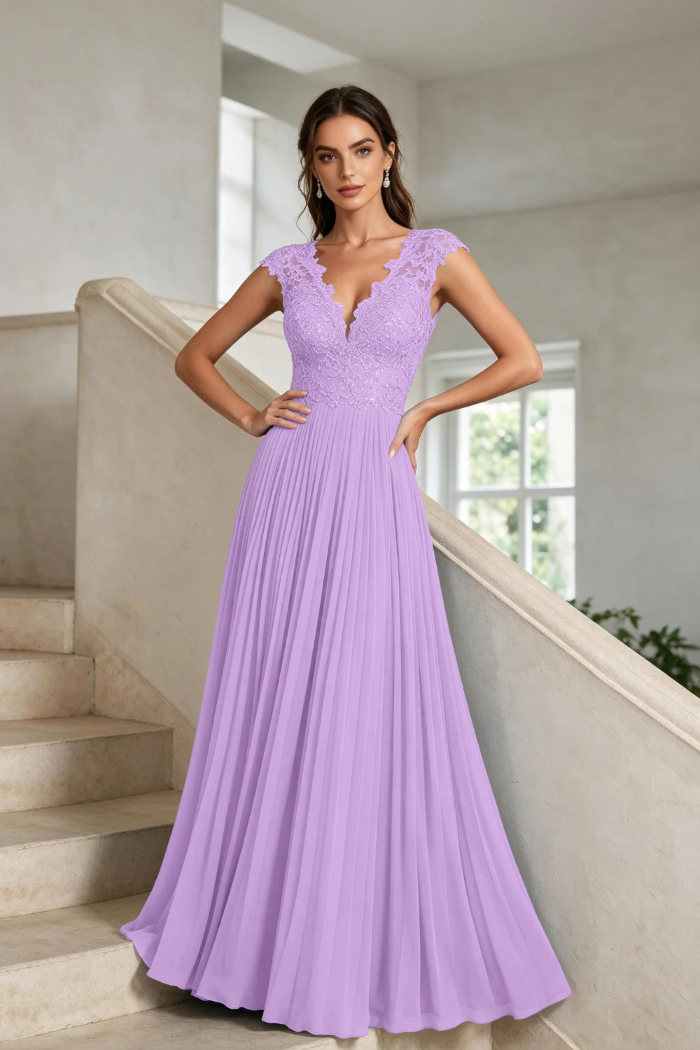 Dusty Blue Lace-Bodice Pleated Chiffon Mother of the Bride Gown