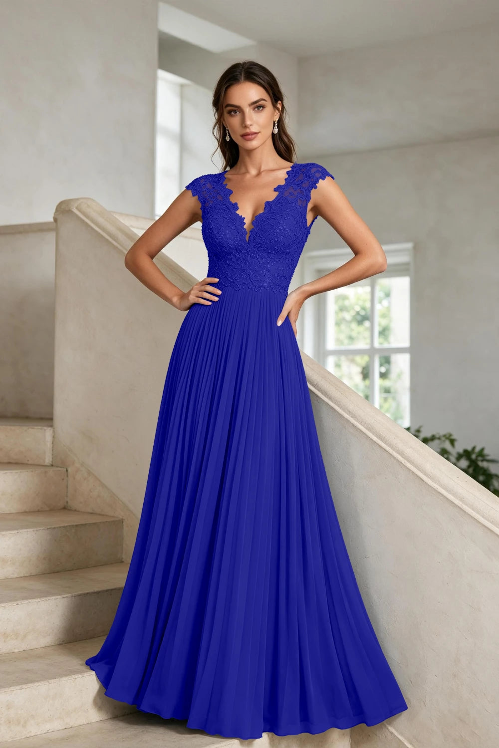 Dusty Blue Lace-Bodice Pleated Chiffon Mother of the Bride Gown