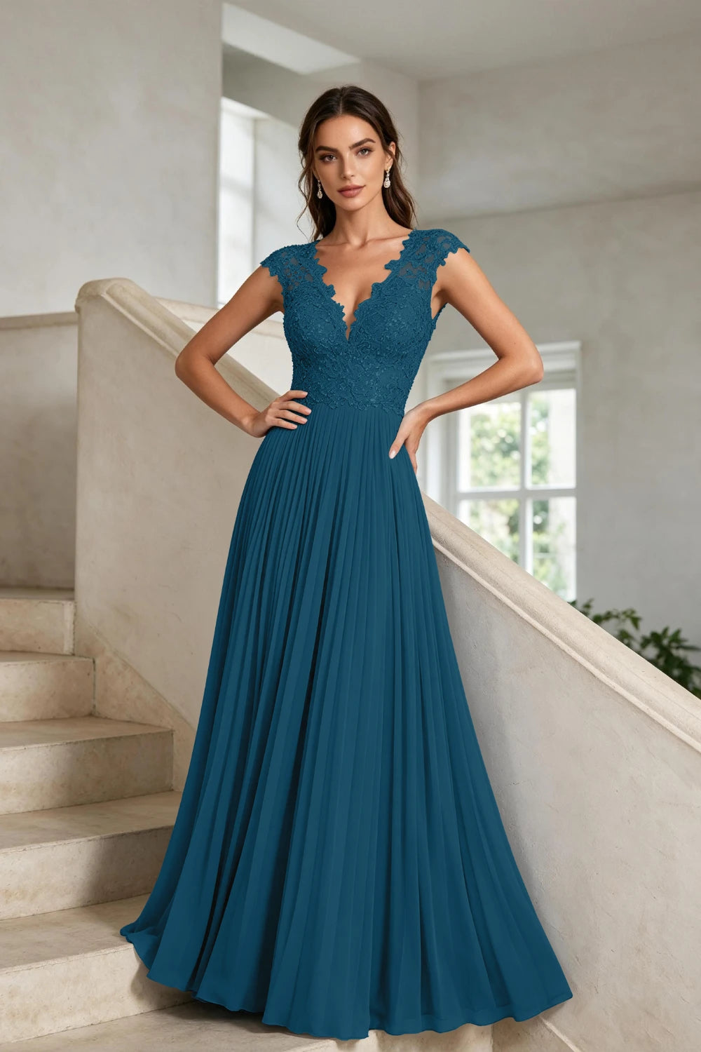 Dusty Blue Lace-Bodice Pleated Chiffon Mother of the Bride Gown
