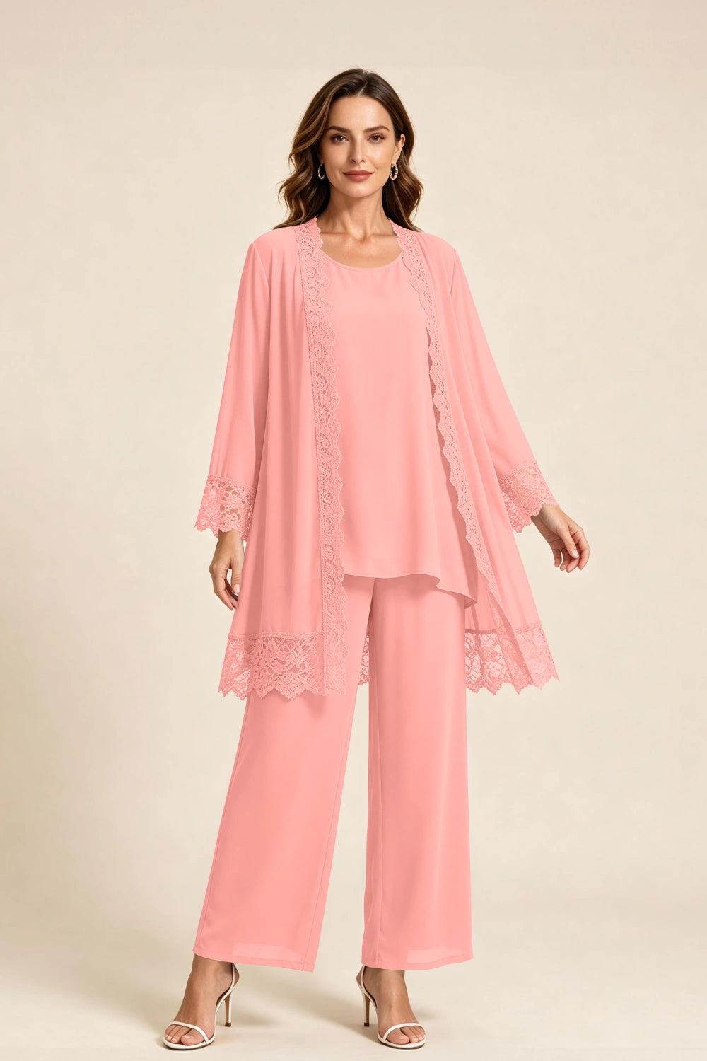 Dusty Blue Lace-Trim Three-Piece Mother of the Bride Pant Suit