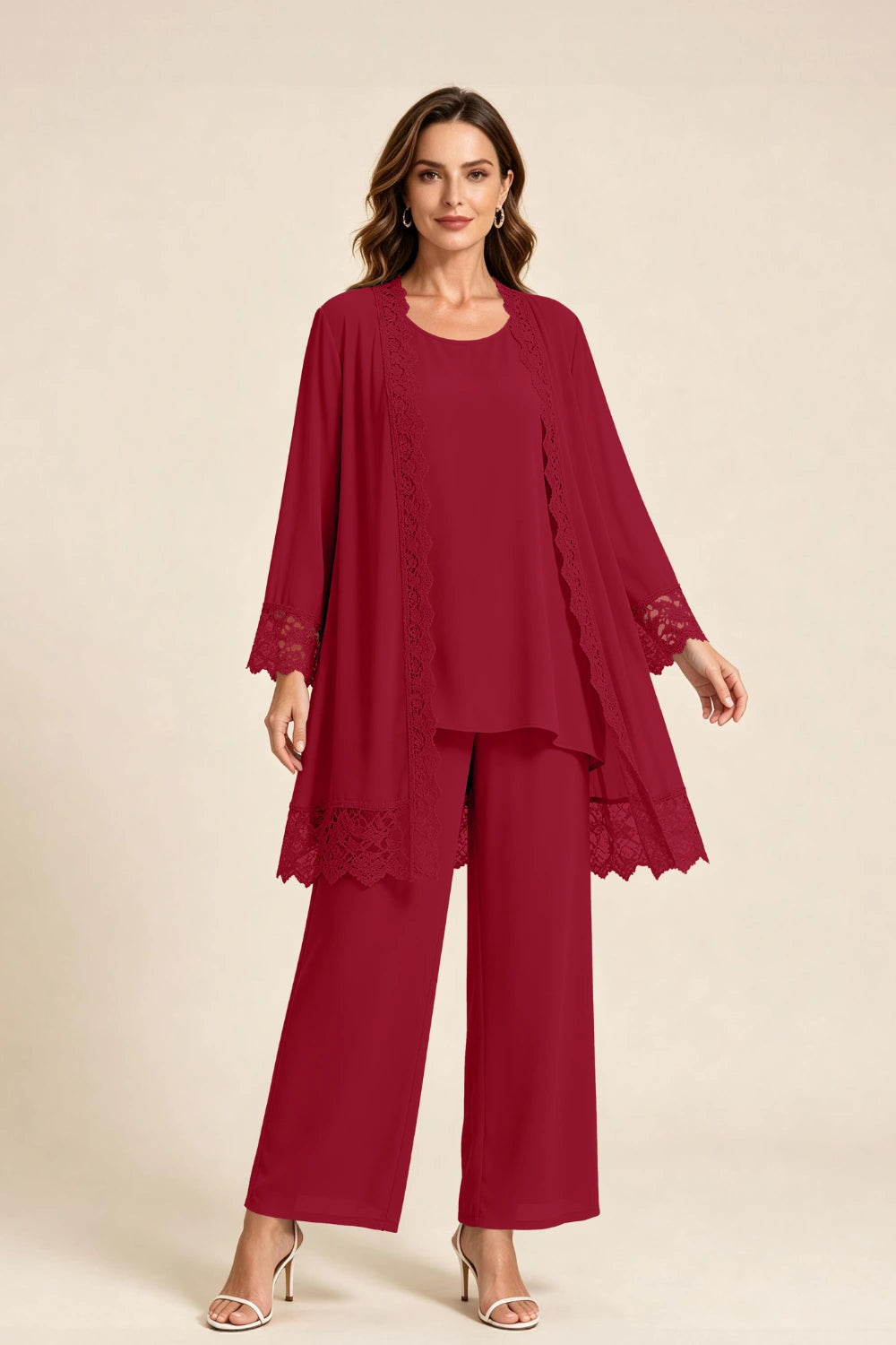 Dusty Blue Lace-Trim Three-Piece Mother of the Bride Pant Suit