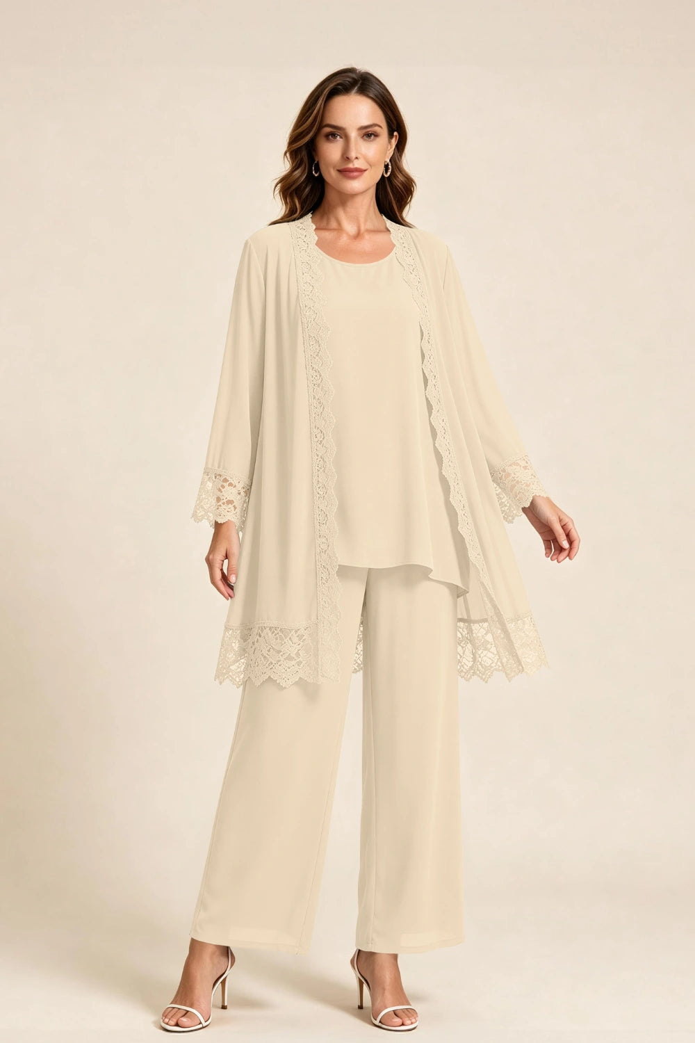 Dusty Blue Lace-Trim Three-Piece Mother of the Bride Pant Suit