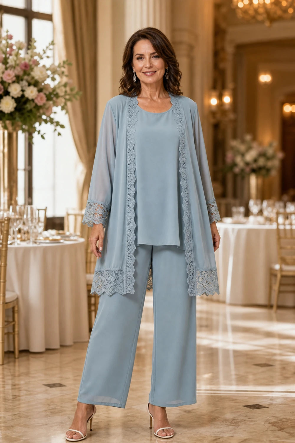 Dusty Blue Lace-Trim Three-Piece Mother of the Bride Pant Suit