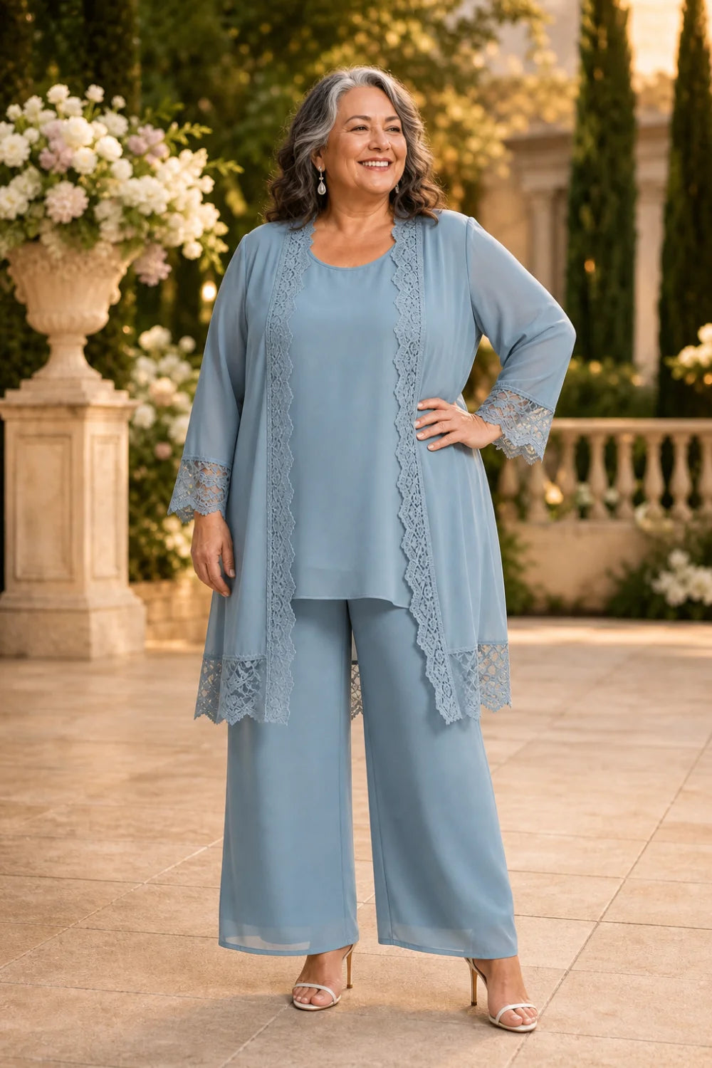 Dusty Blue Lace-Trim Three-Piece Mother of the Bride Pant Suit