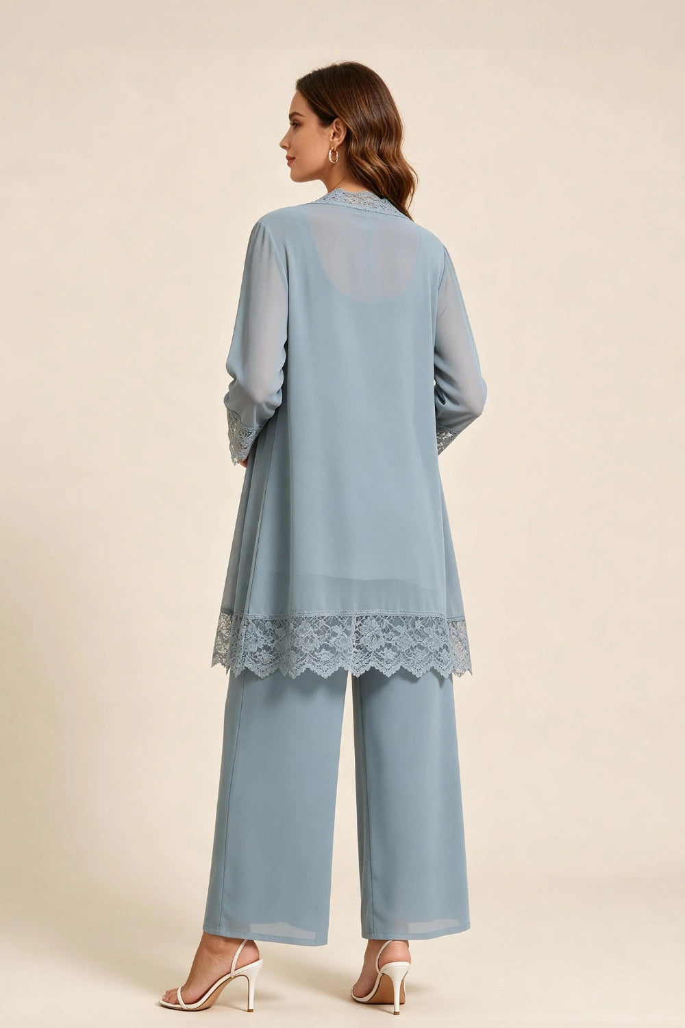 Dusty Blue Lace-Trim Three-Piece Mother of the Bride Pant Suit