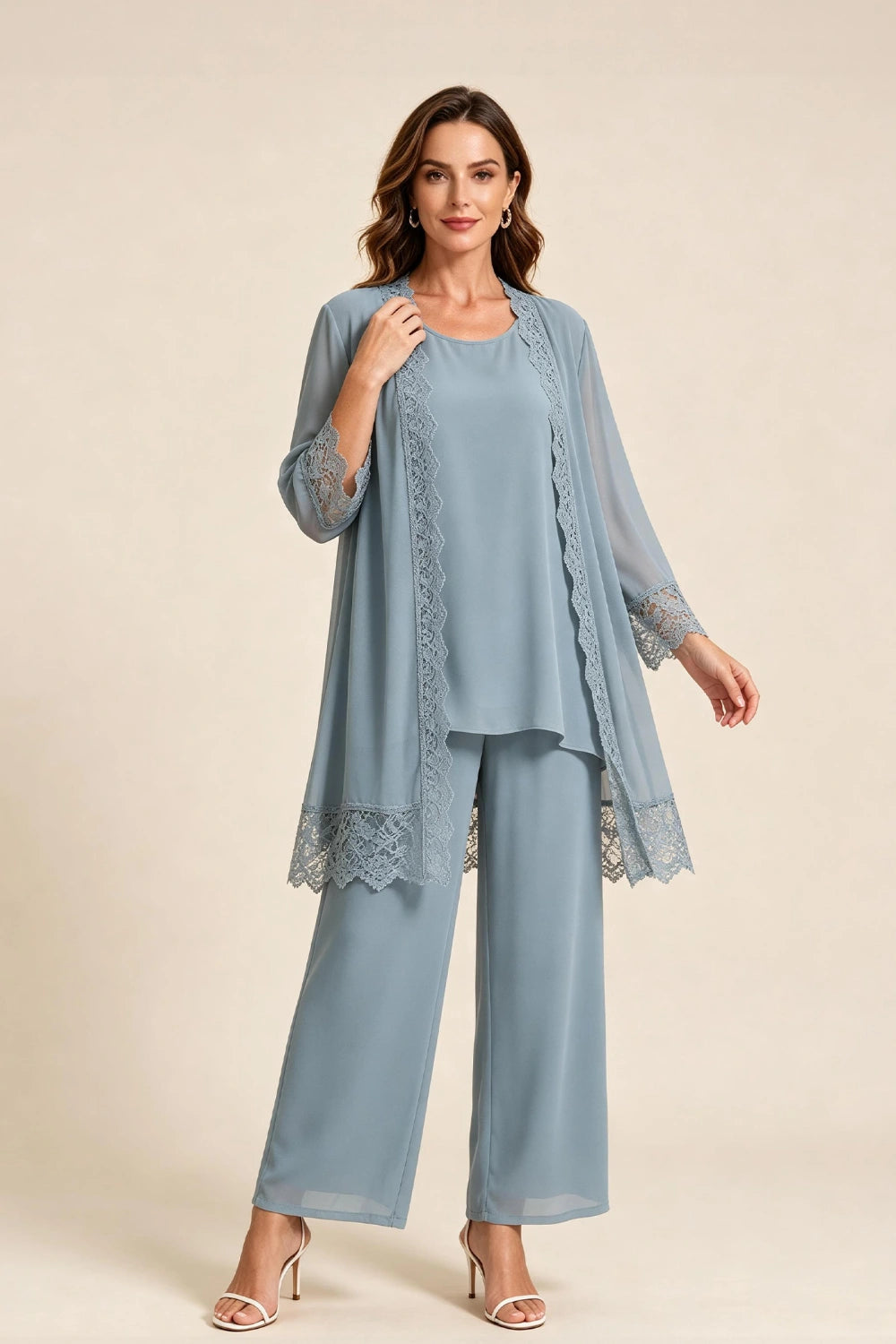 Dusty Blue Lace-Trim Three-Piece Mother of the Bride Pant Suit