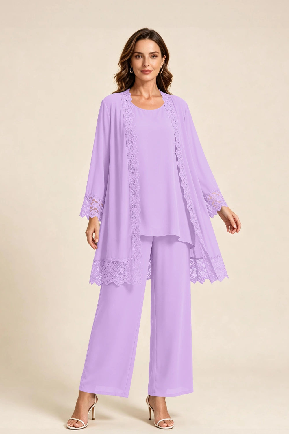 Dusty Blue Lace-Trim Three-Piece Mother of the Bride Pant Suit