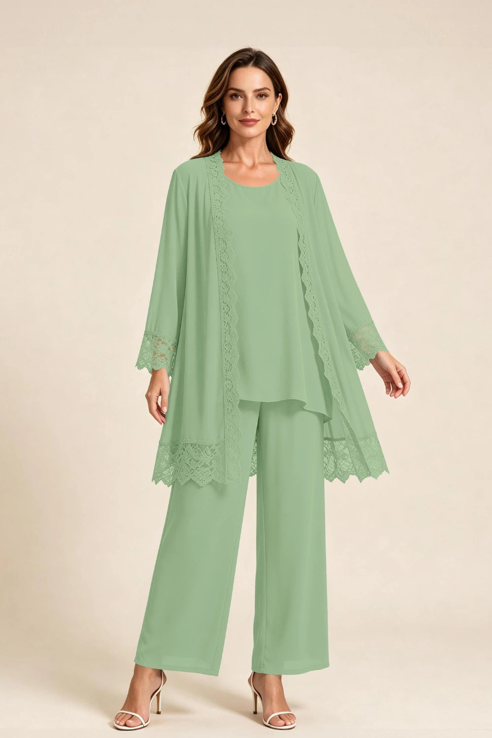 Dusty Blue Lace-Trim Three-Piece Mother of the Bride Pant Suit
