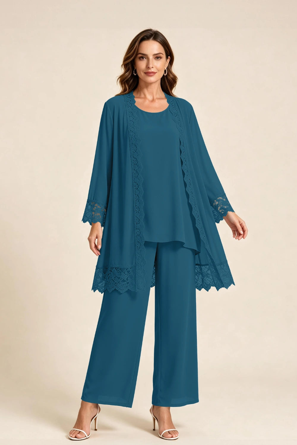 Dusty Blue Lace-Trim Three-Piece Mother of the Bride Pant Suit