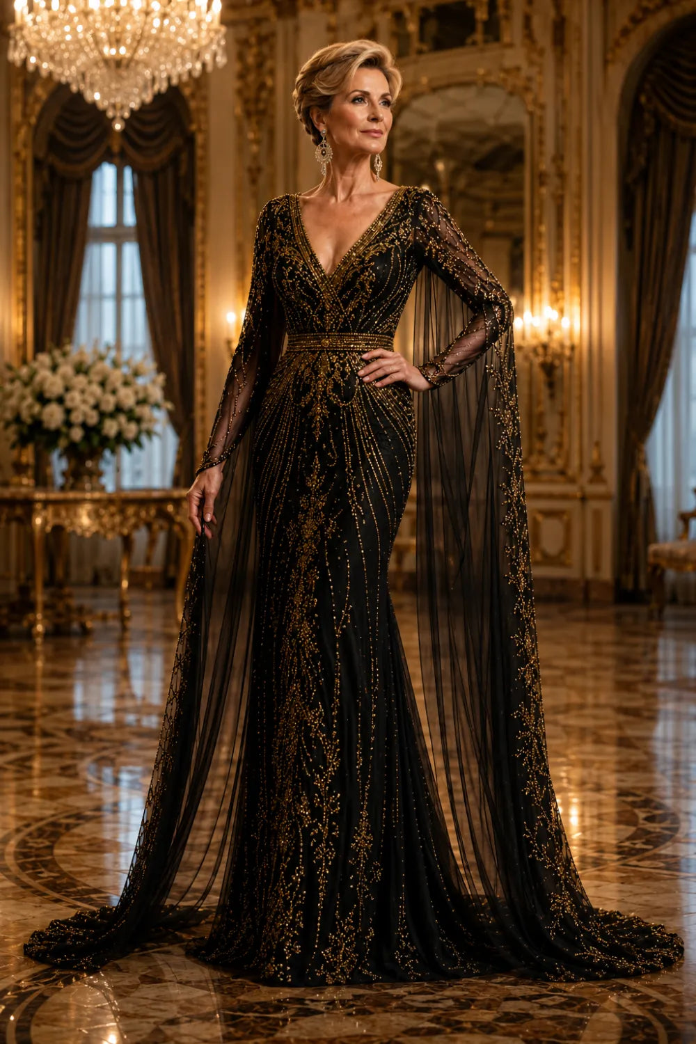 Luxury Black Evening Gown with Cape Hand Beaded Formal Dress