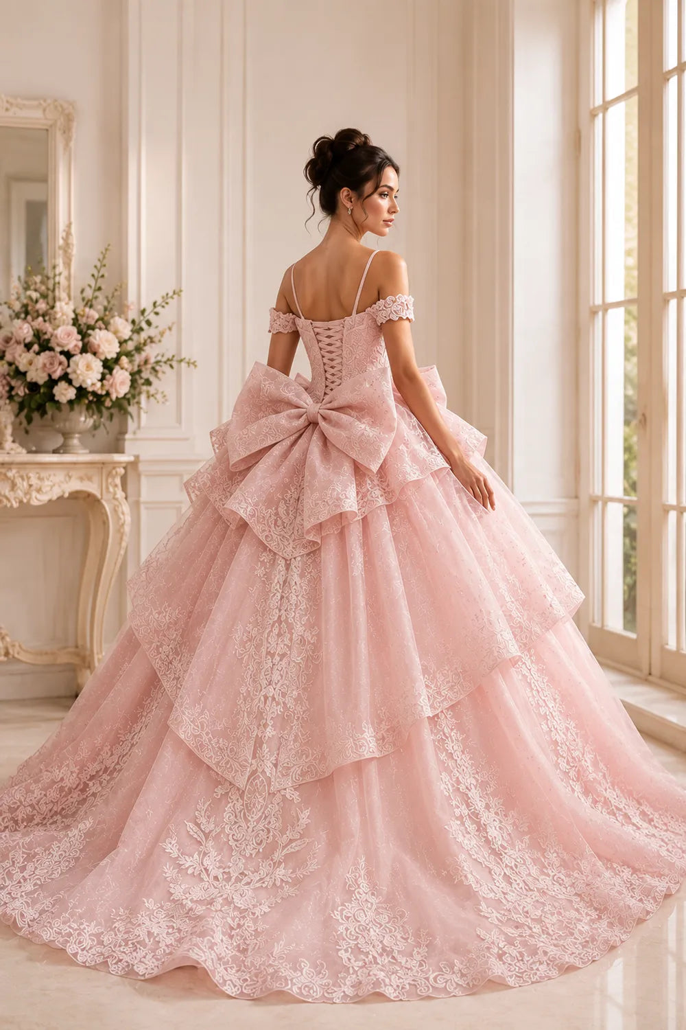 Princess Lace Prom Dress with Bow Back