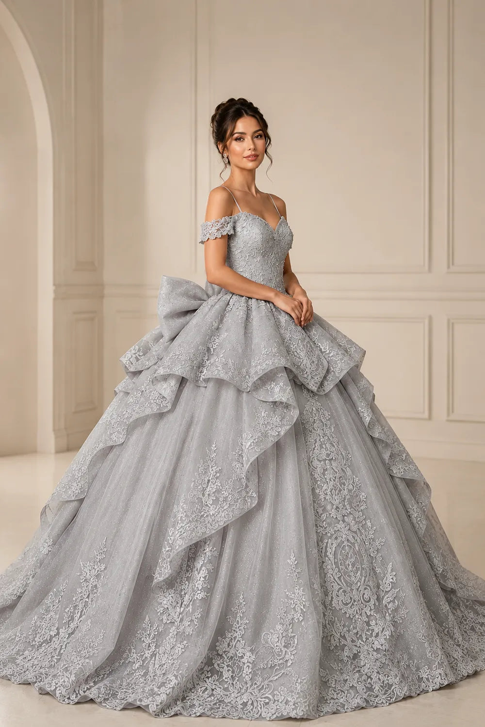Princess Lace Prom Dress with Bow Back