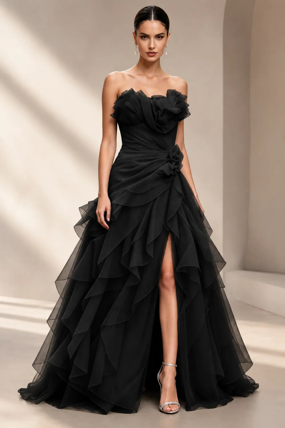 Rosalie Floral Appliqué Ruffle Formal Gown