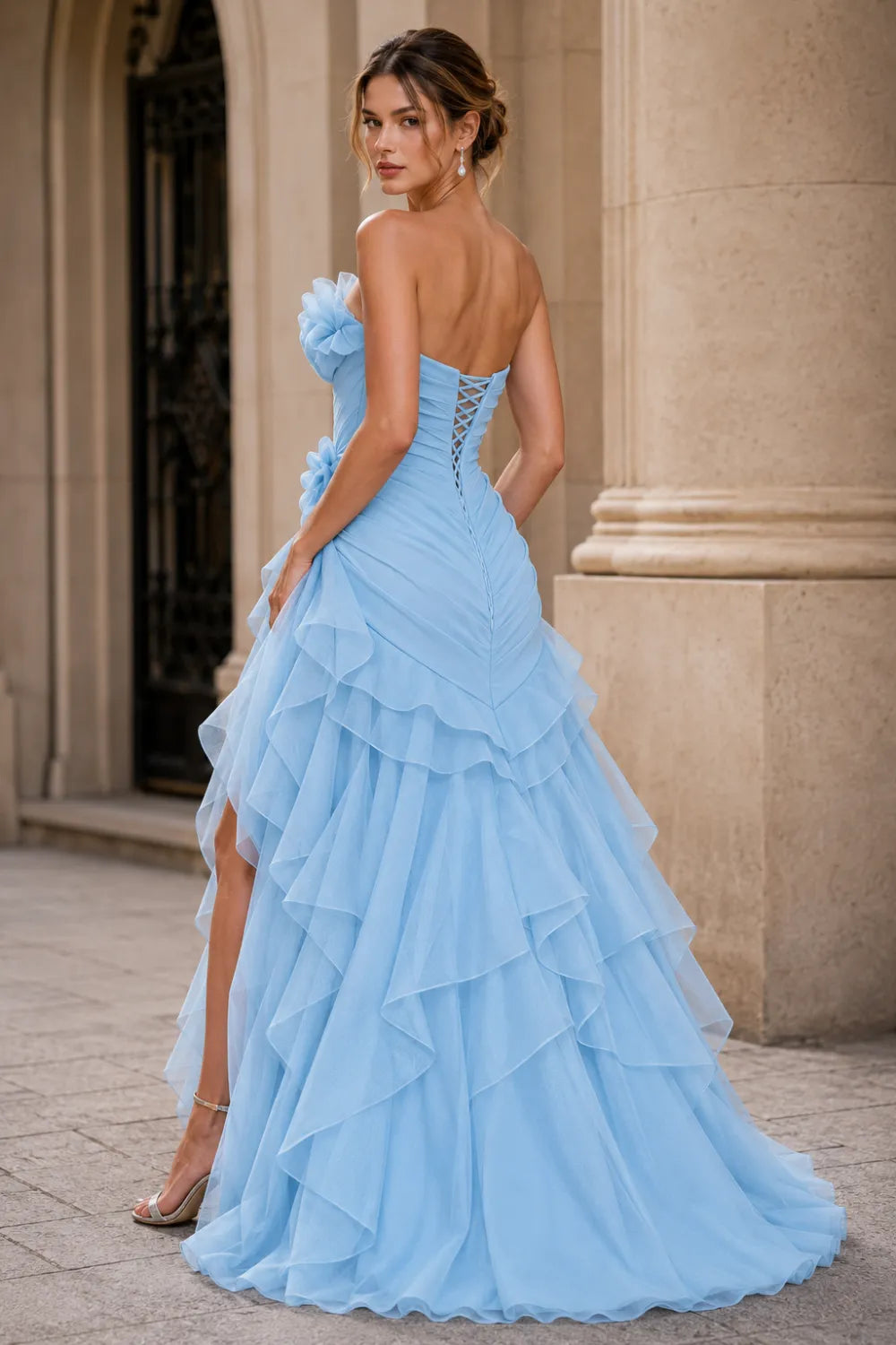 Rosalie Floral Appliqué Ruffle Formal Gown