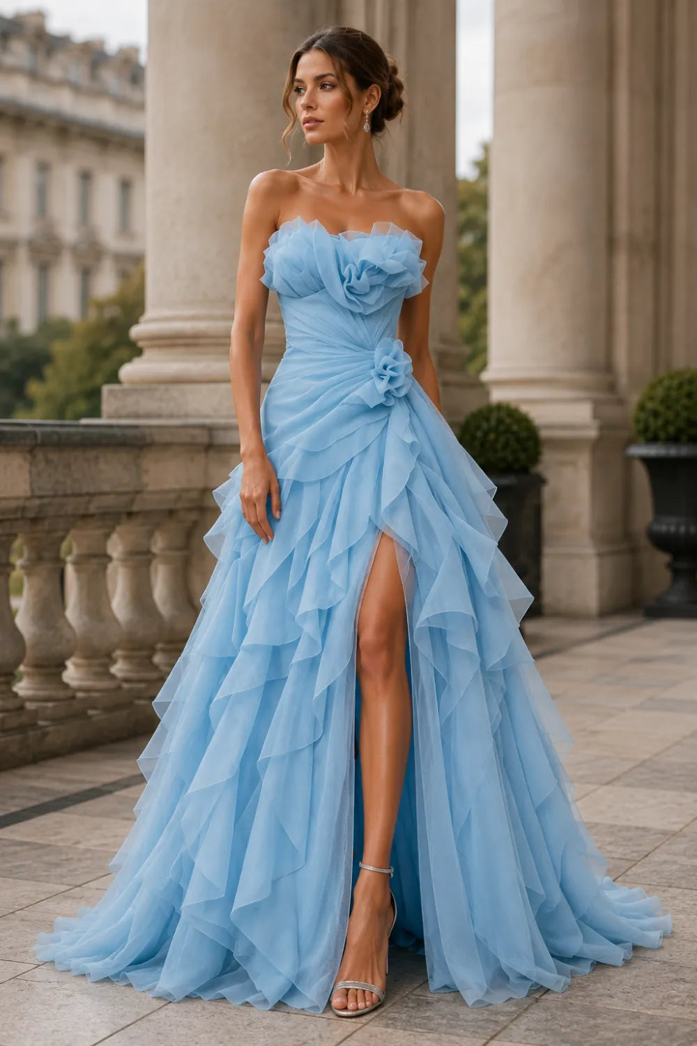 Rosalie Floral Appliqué Ruffle Formal Gown