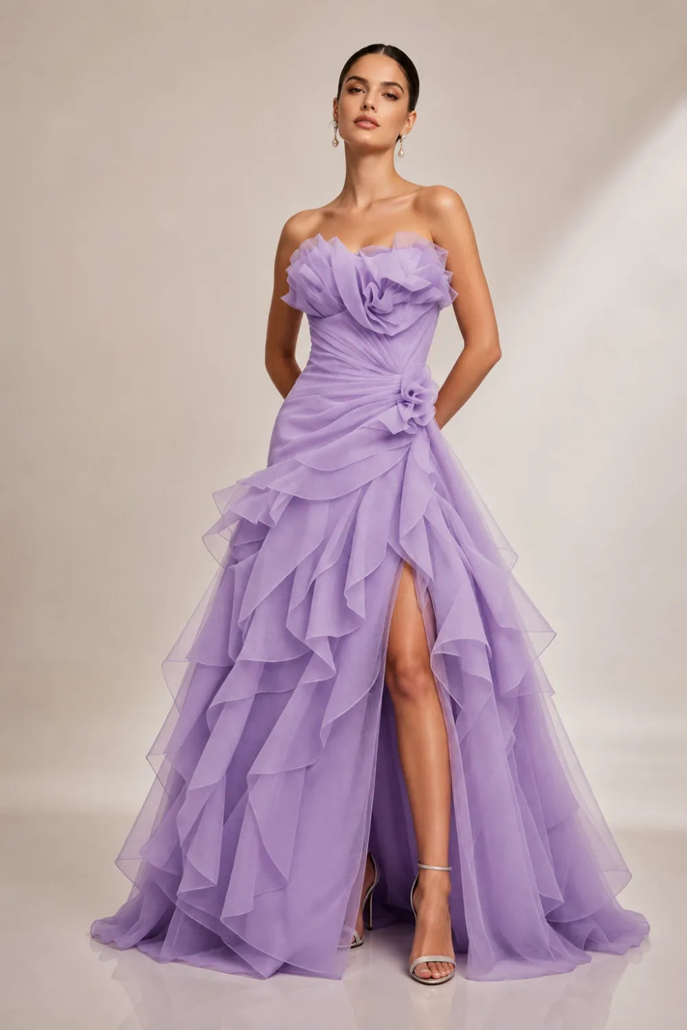 Rosalie Floral Appliqué Ruffle Formal Gown