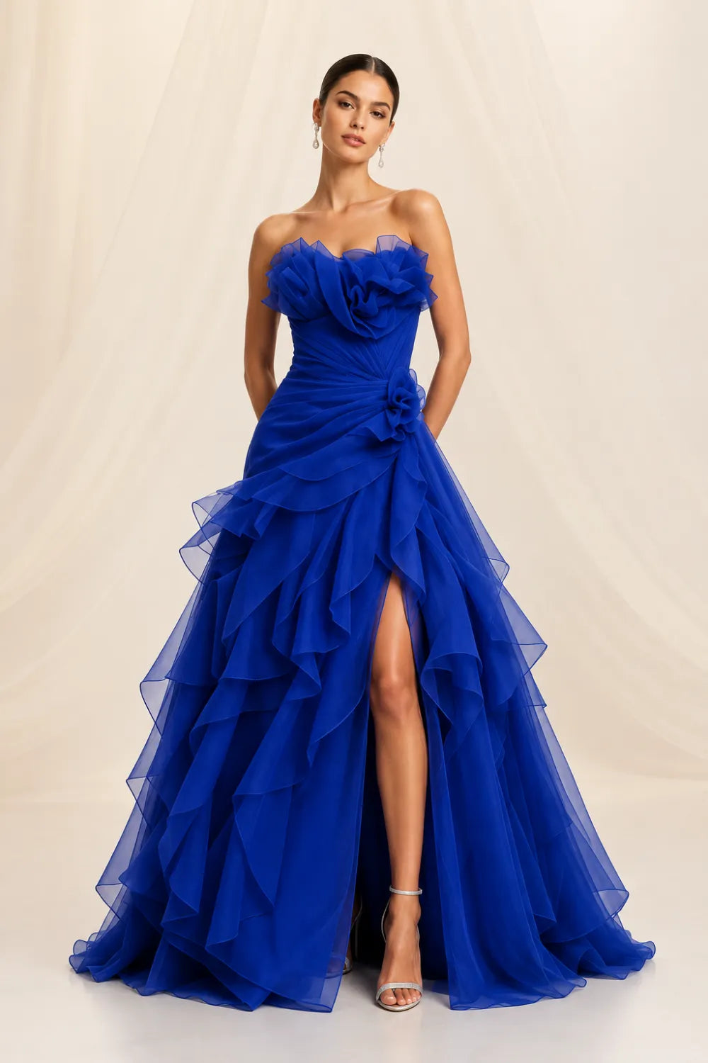 Rosalie Floral Appliqué Ruffle Formal Gown
