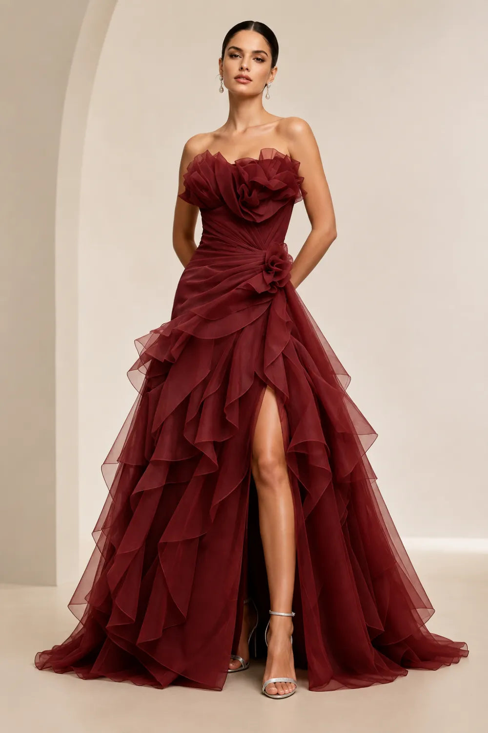 Rosalie Floral Appliqué Ruffle Formal Gown