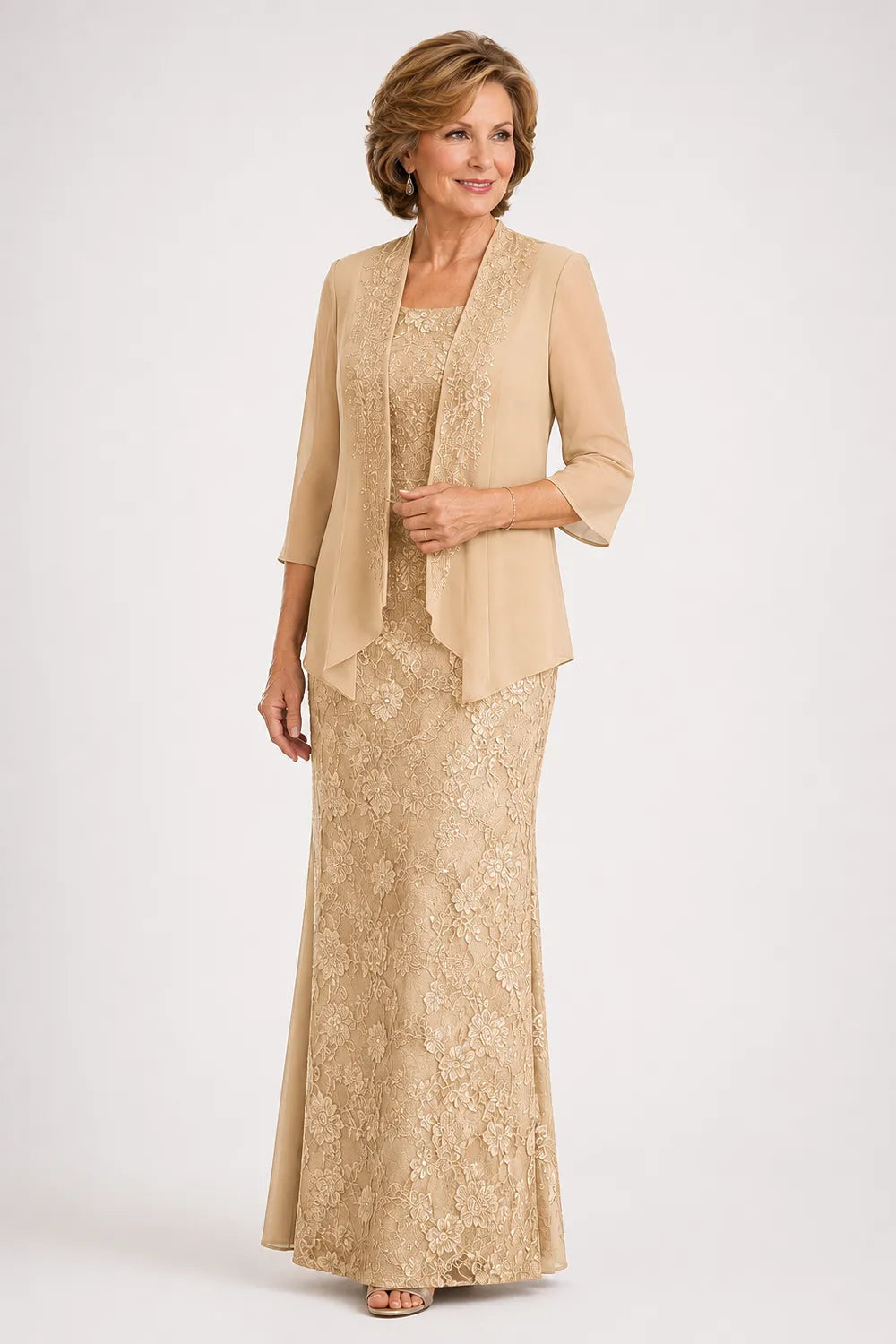Graceful Floral Lace Formal Dress with Sheer Overlay