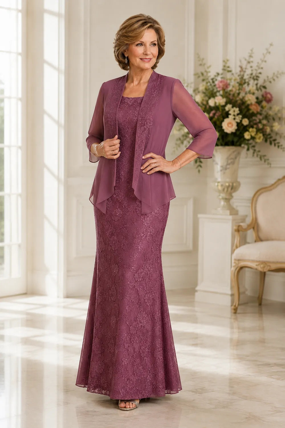 Graceful Floral Lace Formal Dress with Sheer Overlay
