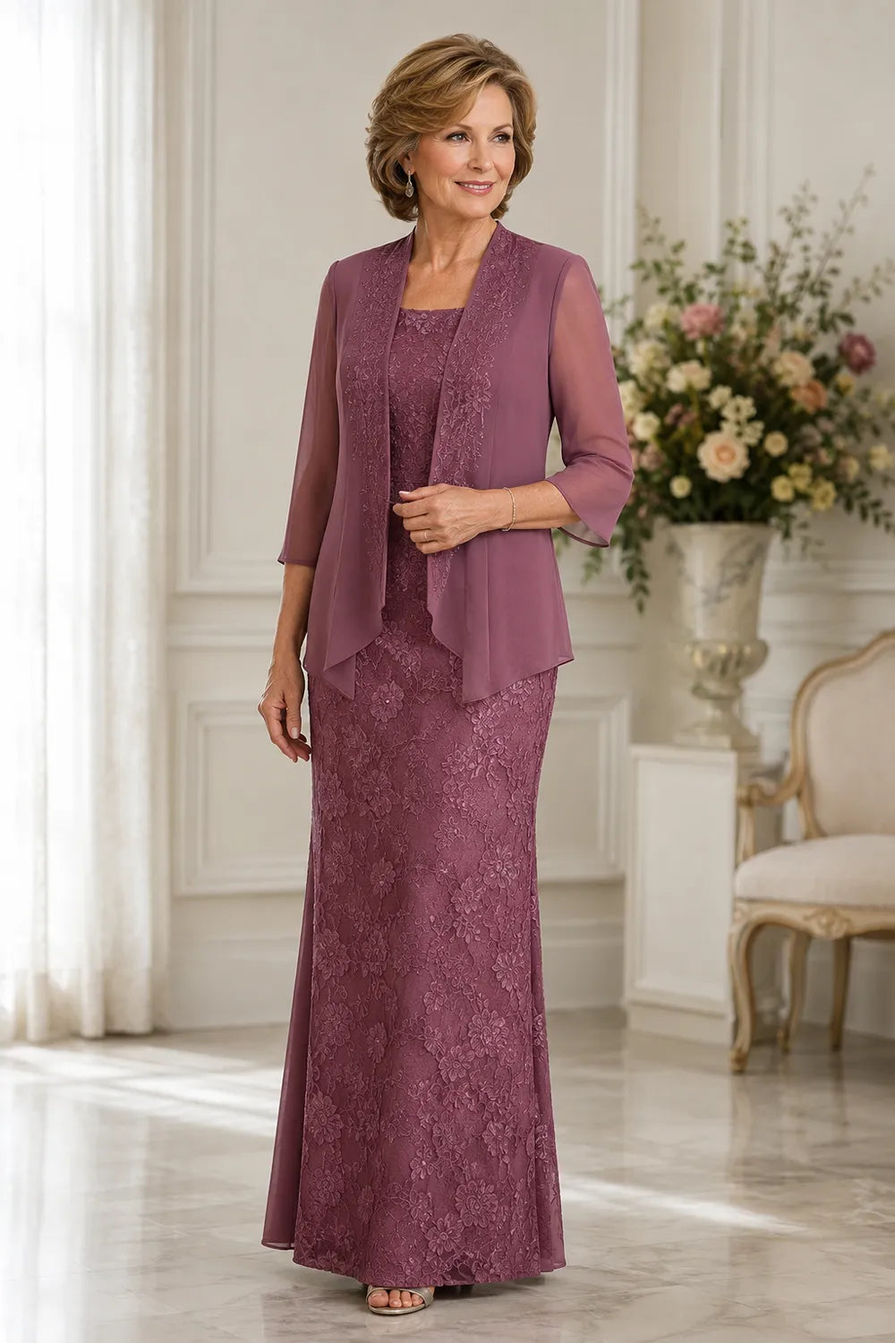 Graceful Floral Lace Formal Dress with Sheer Overlay