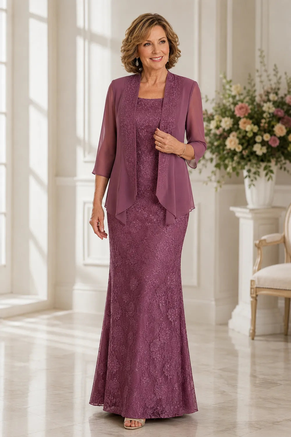 Graceful Floral Lace Formal Dress with Sheer Overlay