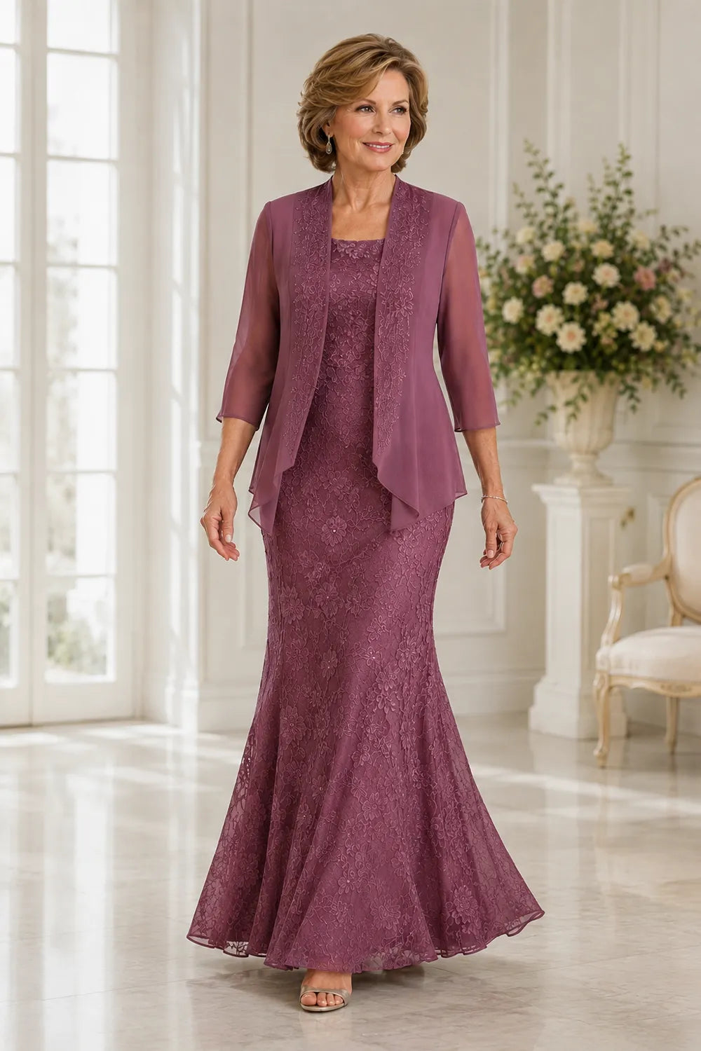Graceful Floral Lace Formal Dress with Sheer Overlay