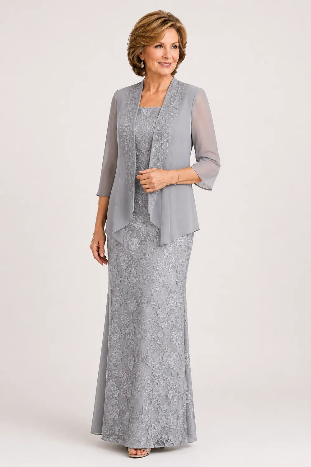 Graceful Floral Lace Formal Dress with Sheer Overlay