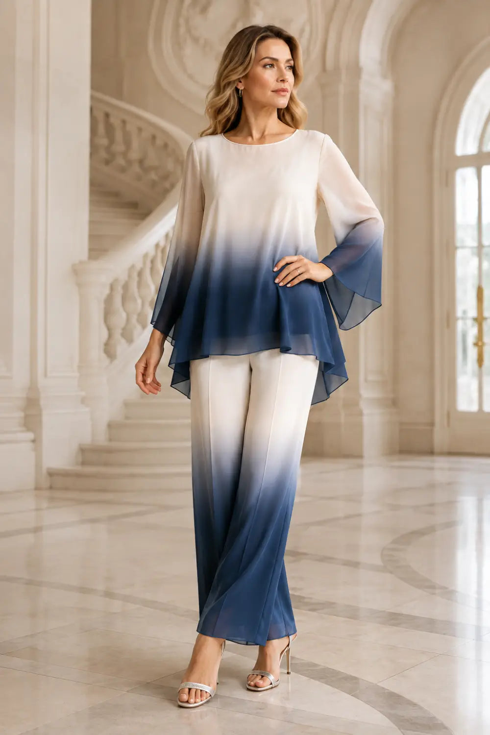 Dip-Dye Chiffon Capelet Pant Suit with Wide-Leg Pants
