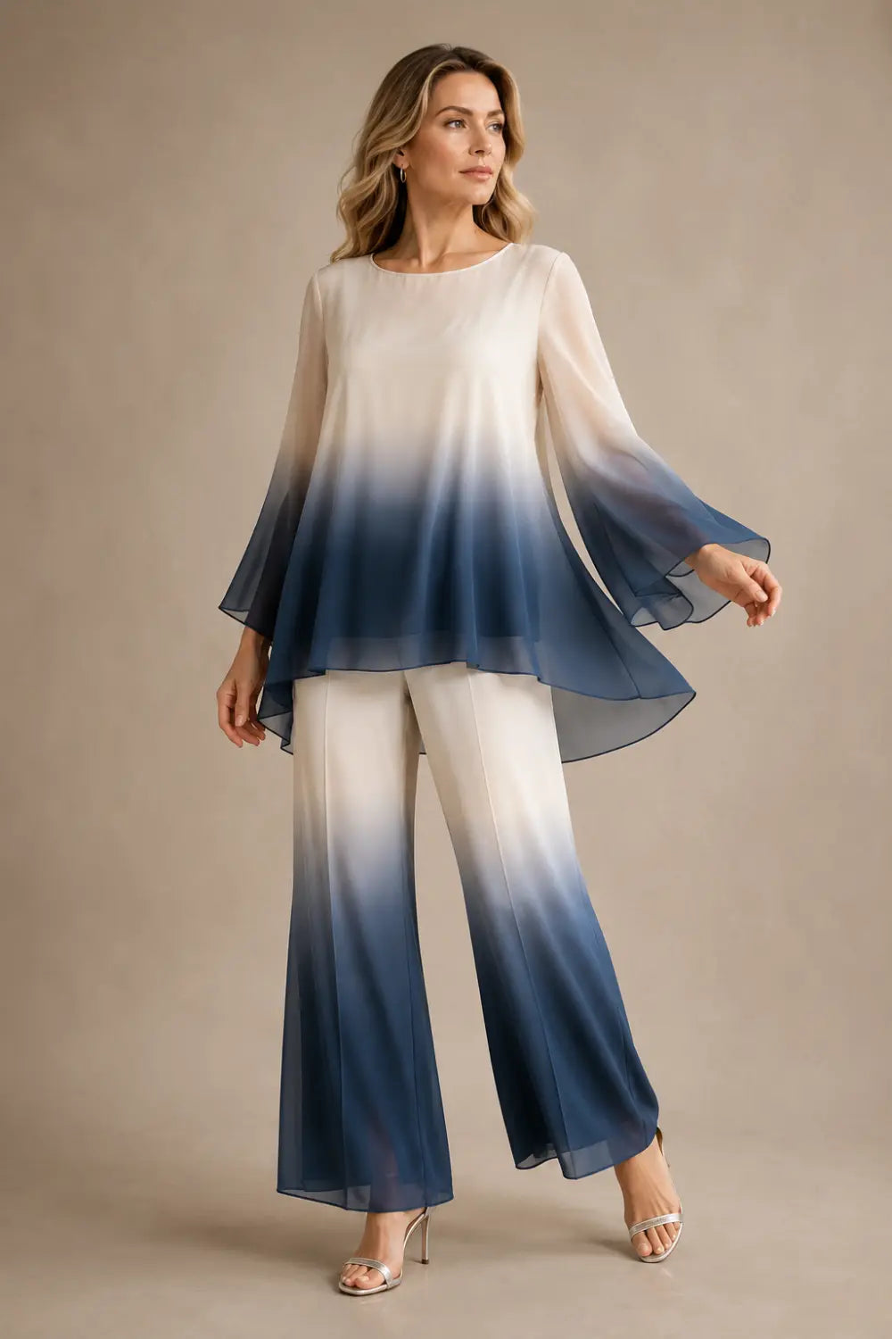 Dip-Dye Chiffon Capelet Pant Suit with Wide-Leg Pants
